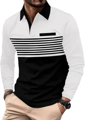 Beotyshow Mens Striped Polo Shirts Long Sleeve Contrast Color Golf Casual Shirt Collared Fashion T Shirts
