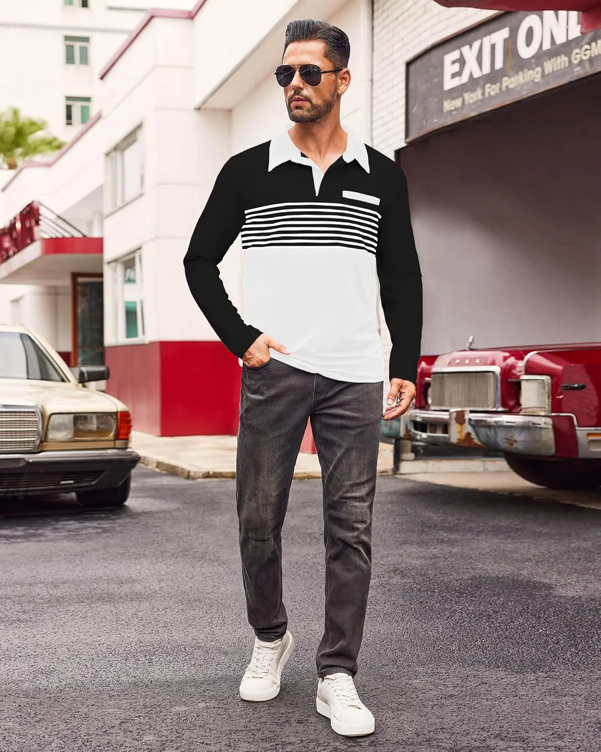 Beotyshow Mens Striped Polo Shirts Long Sleeve Contrast Color Golf Casual Shirt Collared Fashion T Shirts