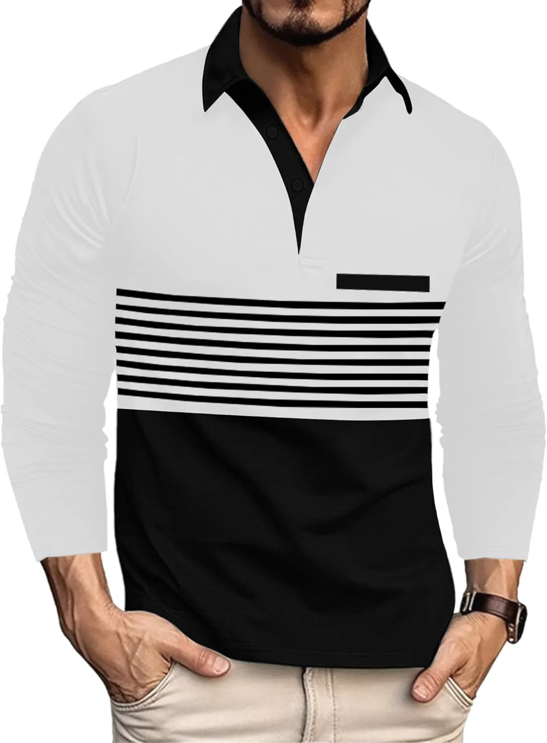 Beotyshow Mens Striped Polo Shirts Long Sleeve Contrast Color Golf Casual Shirt Collared Fashion T Shirts