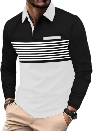 Beotyshow Mens Striped Polo Shirts Long Sleeve Contrast Color Golf Casual Shirt Collared Fashion T Shirts