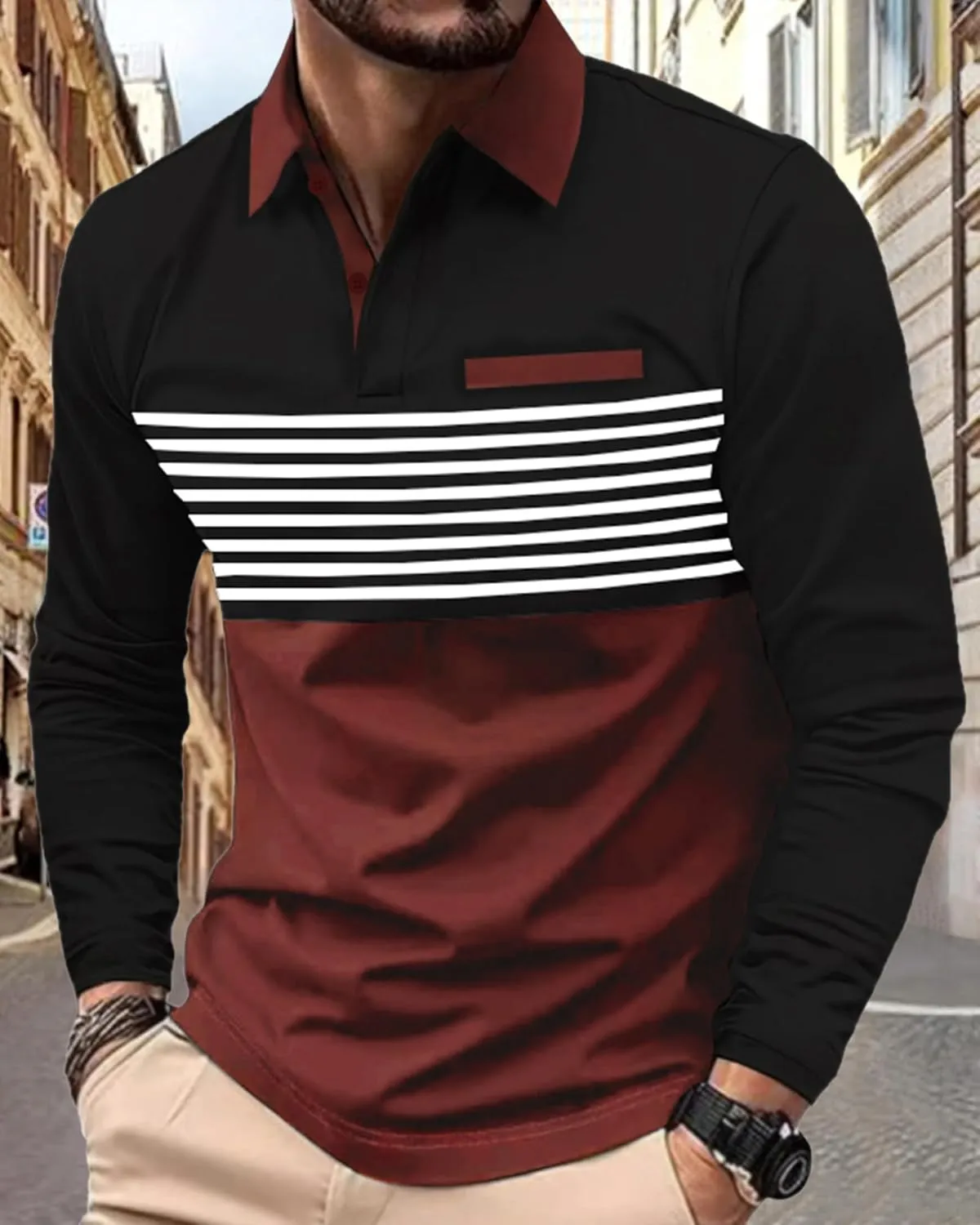Beotyshow Mens Striped Polo Shirts Long Sleeve Contrast Color Golf Casual Shirt Collared Fashion T Shirts