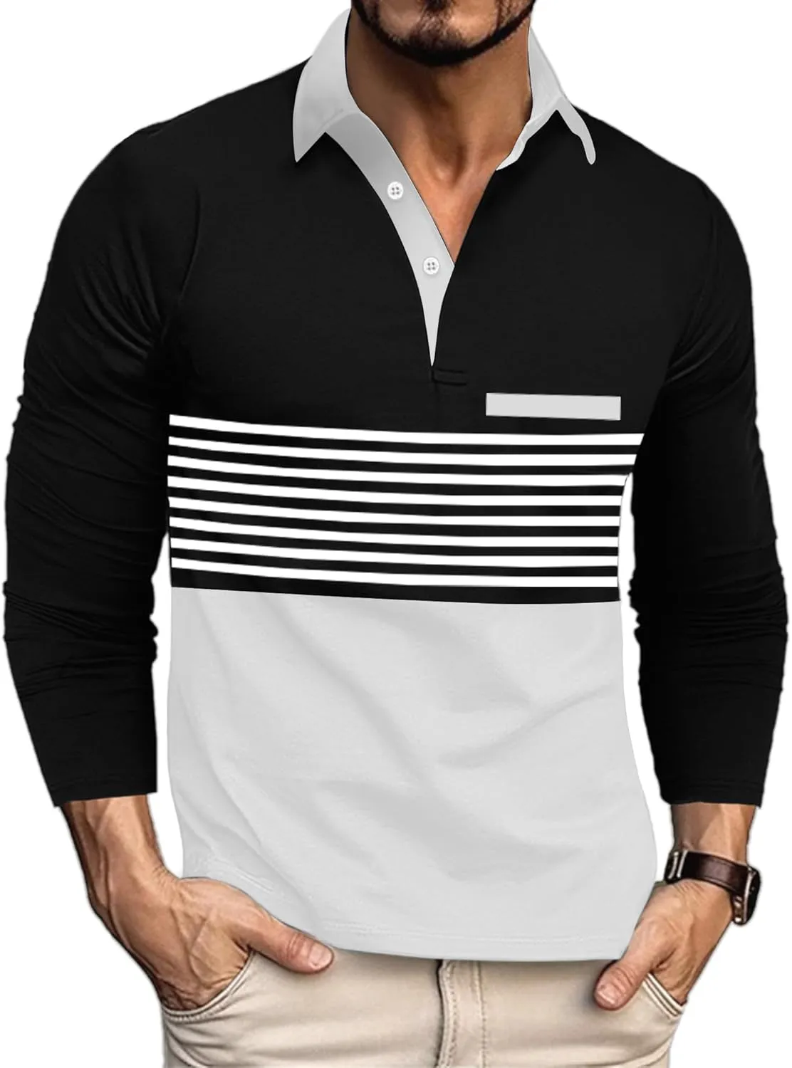 Beotyshow Mens Striped Polo Shirts Long Sleeve Contrast Color Golf Casual Shirt Collared Fashion T Shirts