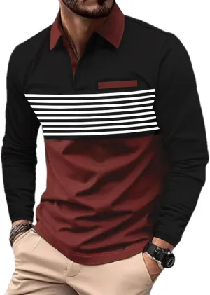Beotyshow Mens Striped Polo Shirts Long Sleeve Contrast Color Golf Casual Shirt Collared Fashion T Shirts