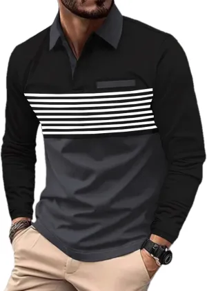 Beotyshow Mens Striped Polo Shirts Long Sleeve Contrast Color Golf Casual Shirt Collared Fashion T Shirts