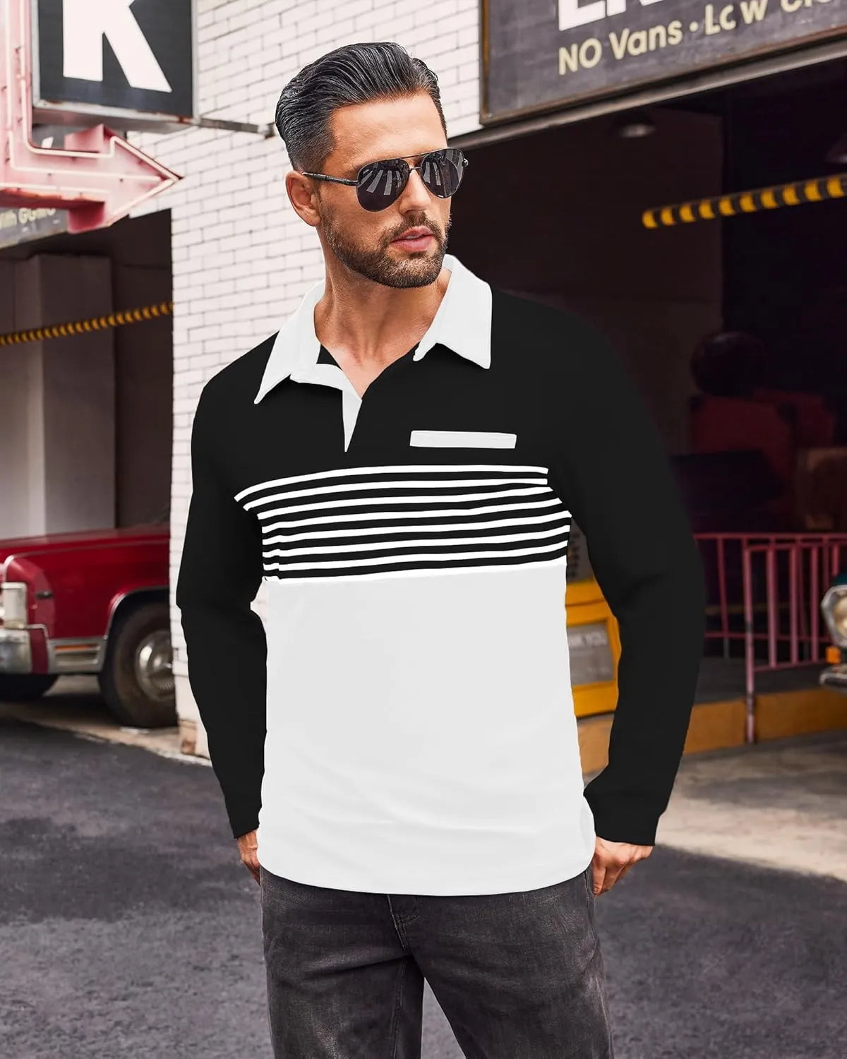 Beotyshow Mens Striped Polo Shirts Long Sleeve Contrast Color Golf Casual Shirt Collared Fashion T Shirts