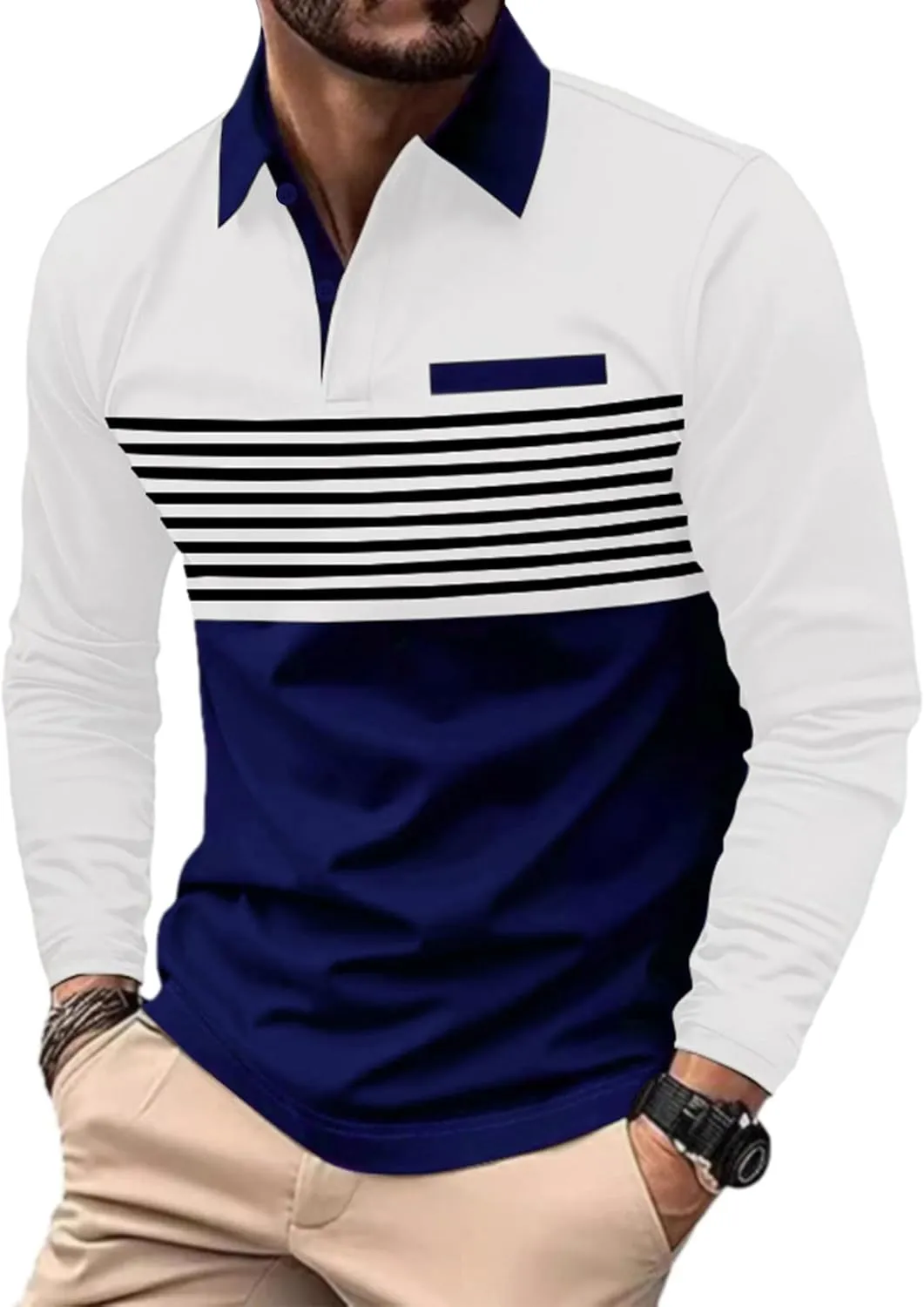 Beotyshow Mens Striped Polo Shirts Long Sleeve Contrast Color Golf Casual Shirt Collared Fashion T Shirts