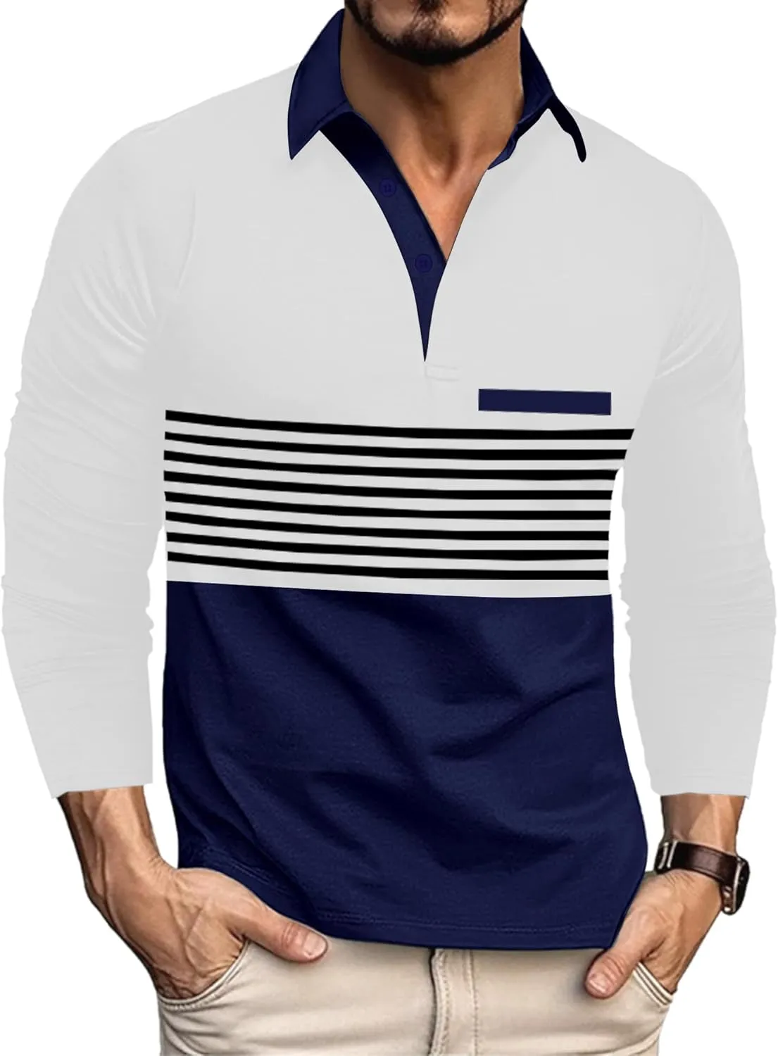 Beotyshow Mens Striped Polo Shirts Long Sleeve Contrast Color Golf Casual Shirt Collared Fashion T Shirts