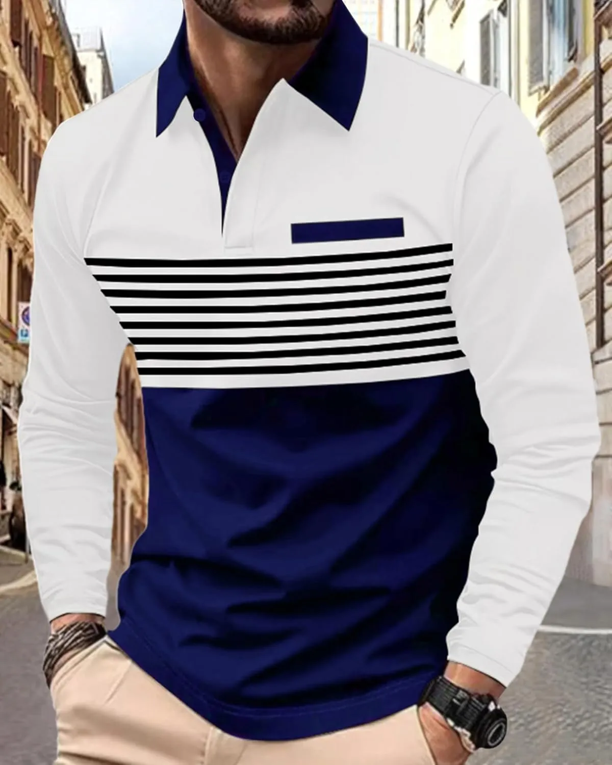 Beotyshow Mens Striped Polo Shirts Long Sleeve Contrast Color Golf Casual Shirt Collared Fashion T Shirts