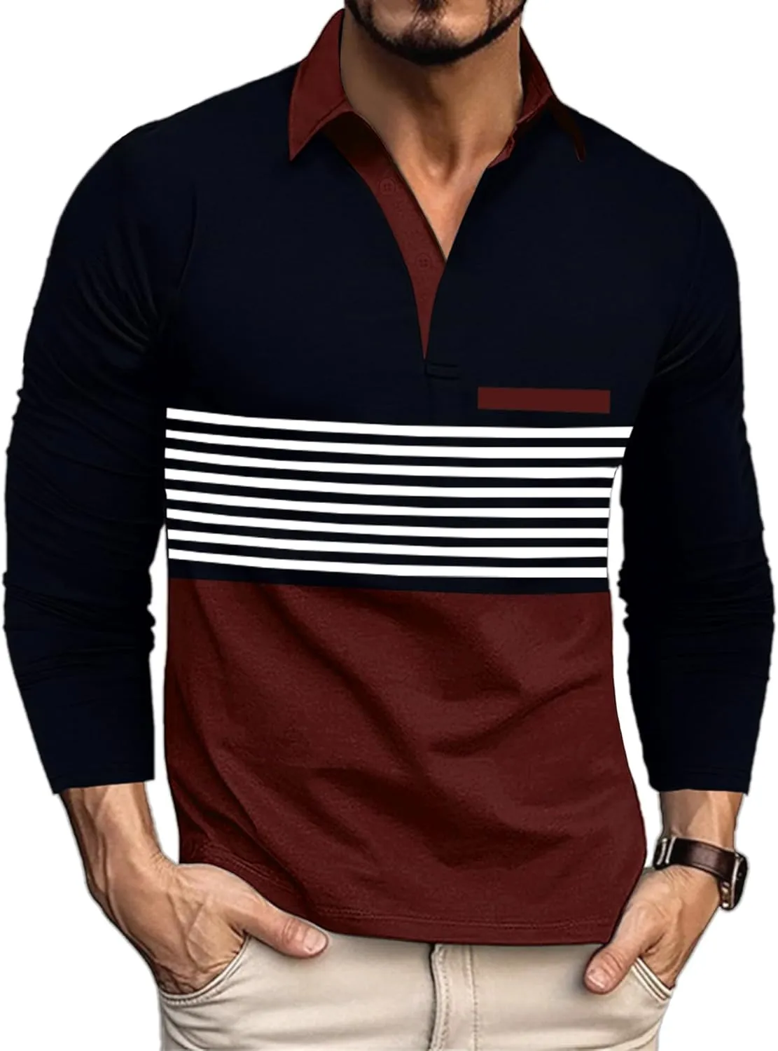 Beotyshow Mens Striped Polo Shirts Long Sleeve Contrast Color Golf Casual Shirt Collared Fashion T Shirts