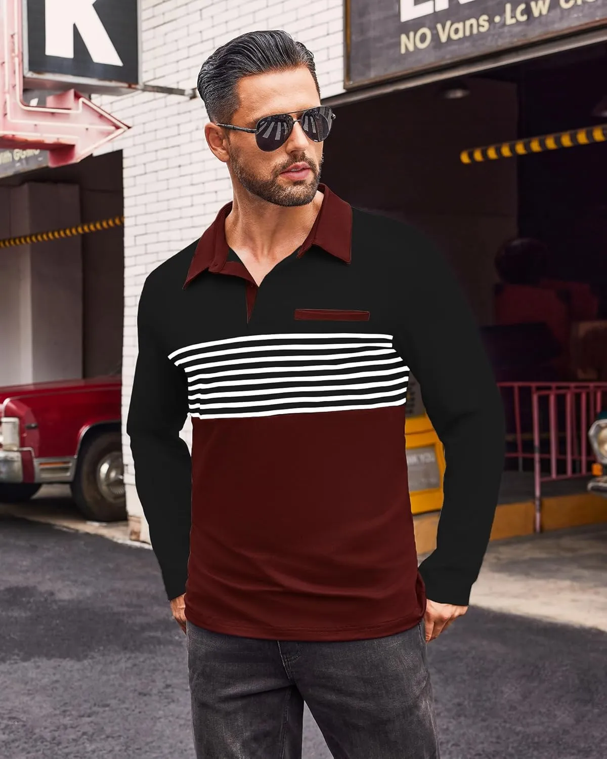 Beotyshow Mens Striped Polo Shirts Long Sleeve Contrast Color Golf Casual Shirt Collared Fashion T Shirts