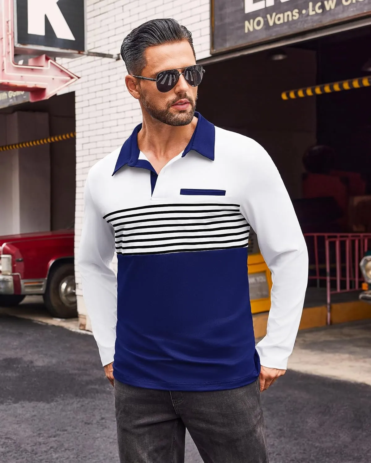 Beotyshow Mens Striped Polo Shirts Long Sleeve Contrast Color Golf Casual Shirt Collared Fashion T Shirts