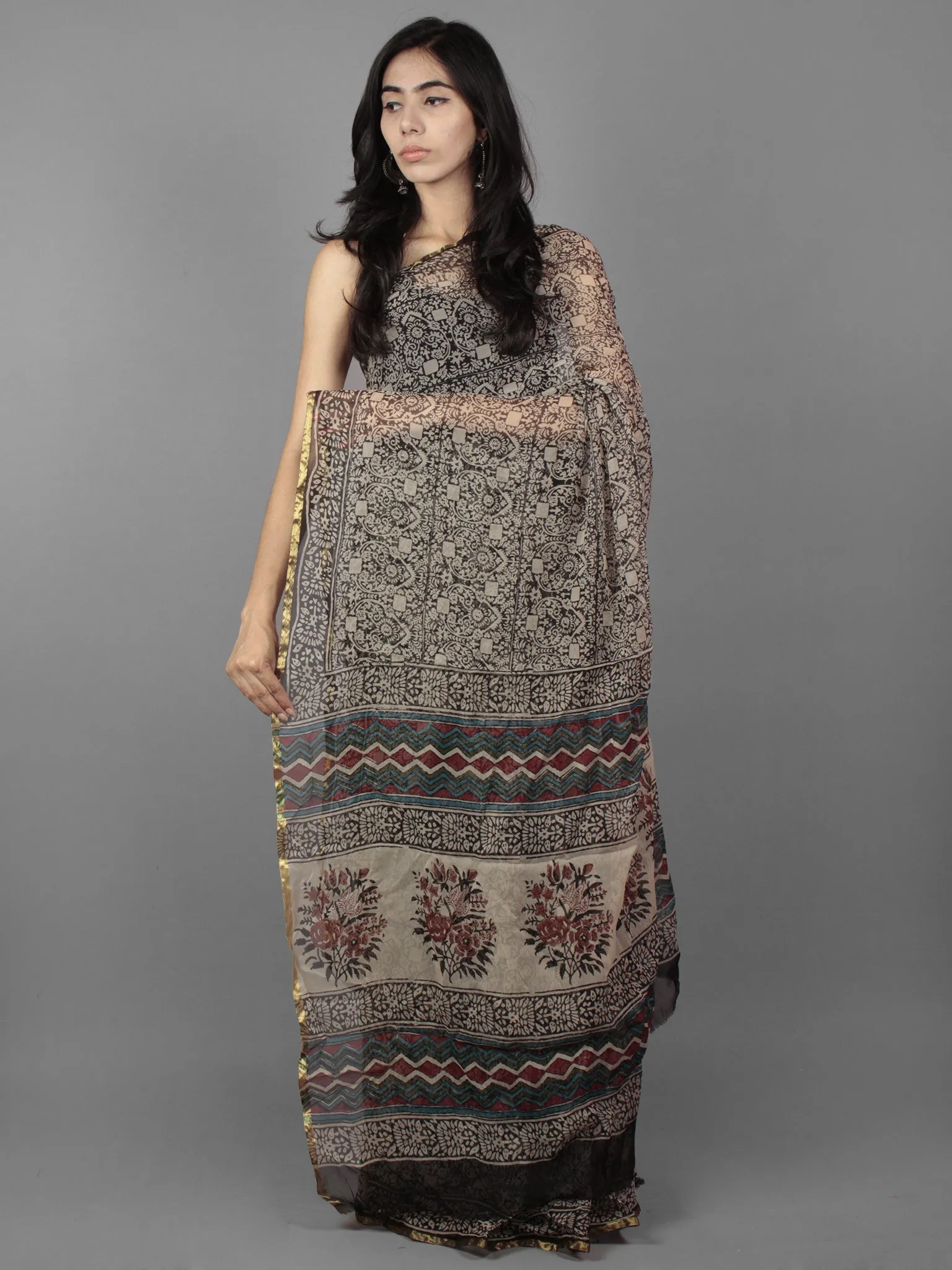 Black Beige Maroon Hand Block Printed Chiffon Saree - S031701884