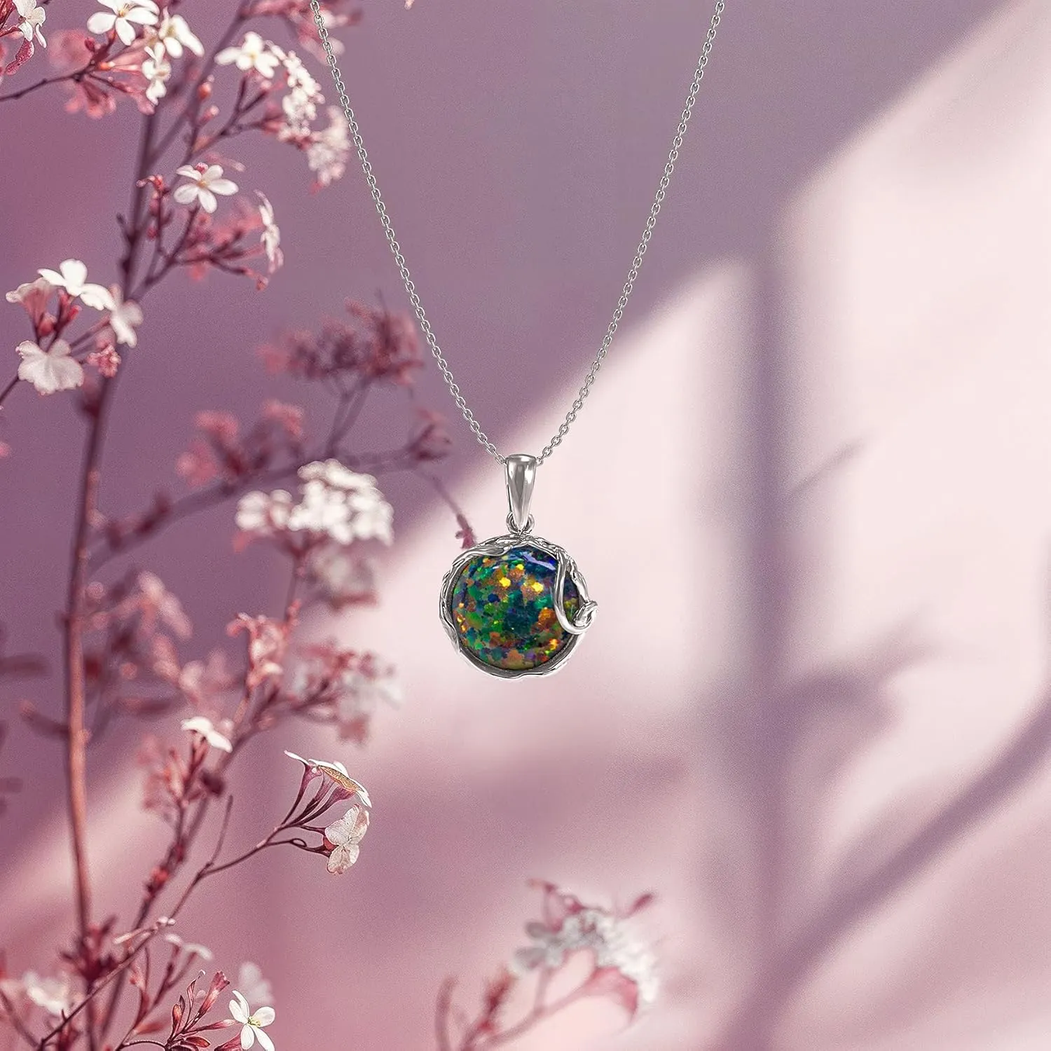 Black Opal Necklaces for Women Silver - October Birthstone Necklace - Gothic Necklace Silver Jewelry for Women - Opal Jewelry Silver Necklaces for Women - Everyday Necklaces for Women