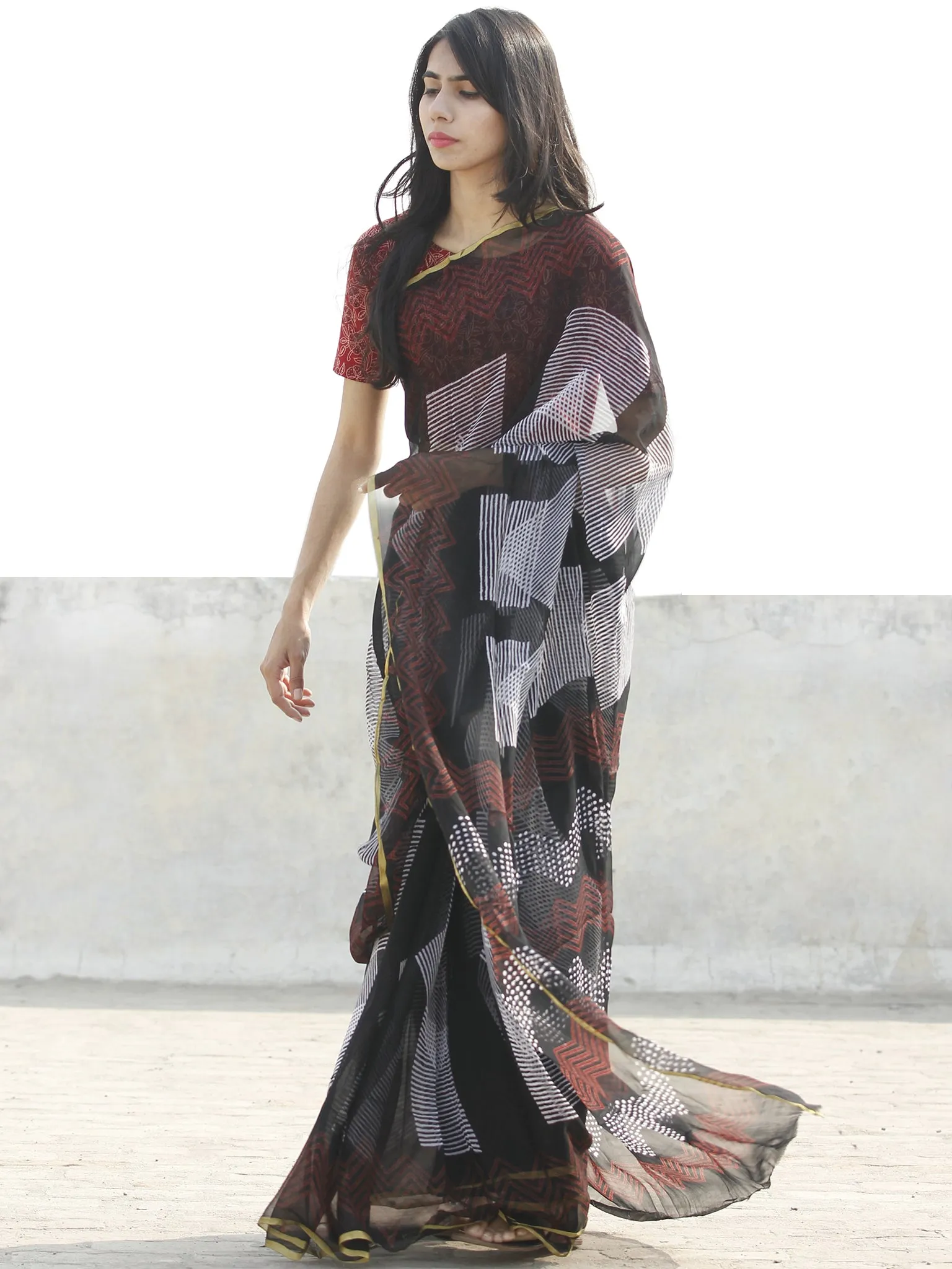 Black Red & White Hand Block Printed Chiffon Saree with zari border- S031702671