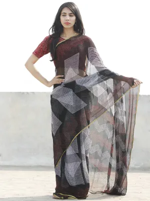 Black Red & White Hand Block Printed Chiffon Saree with zari border- S031702671