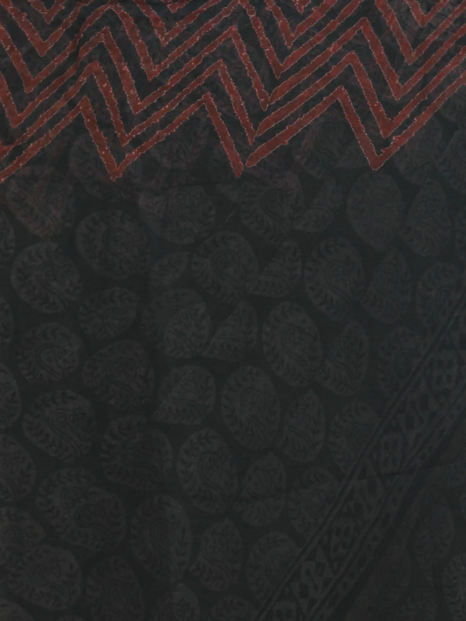 Black Red & White Hand Block Printed Chiffon Saree with zari border- S031702671