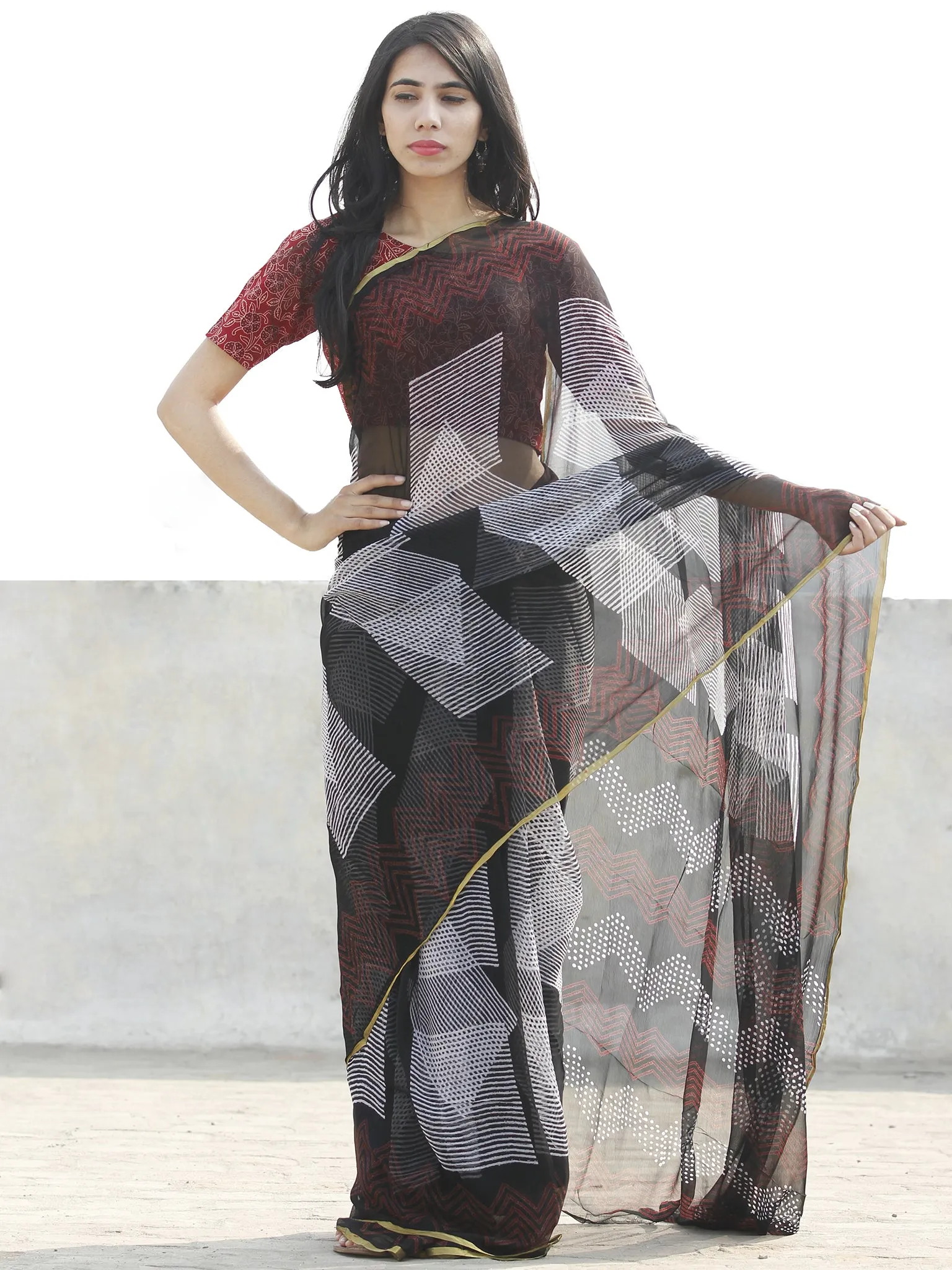 Black Red & White Hand Block Printed Chiffon Saree with zari border- S031702671