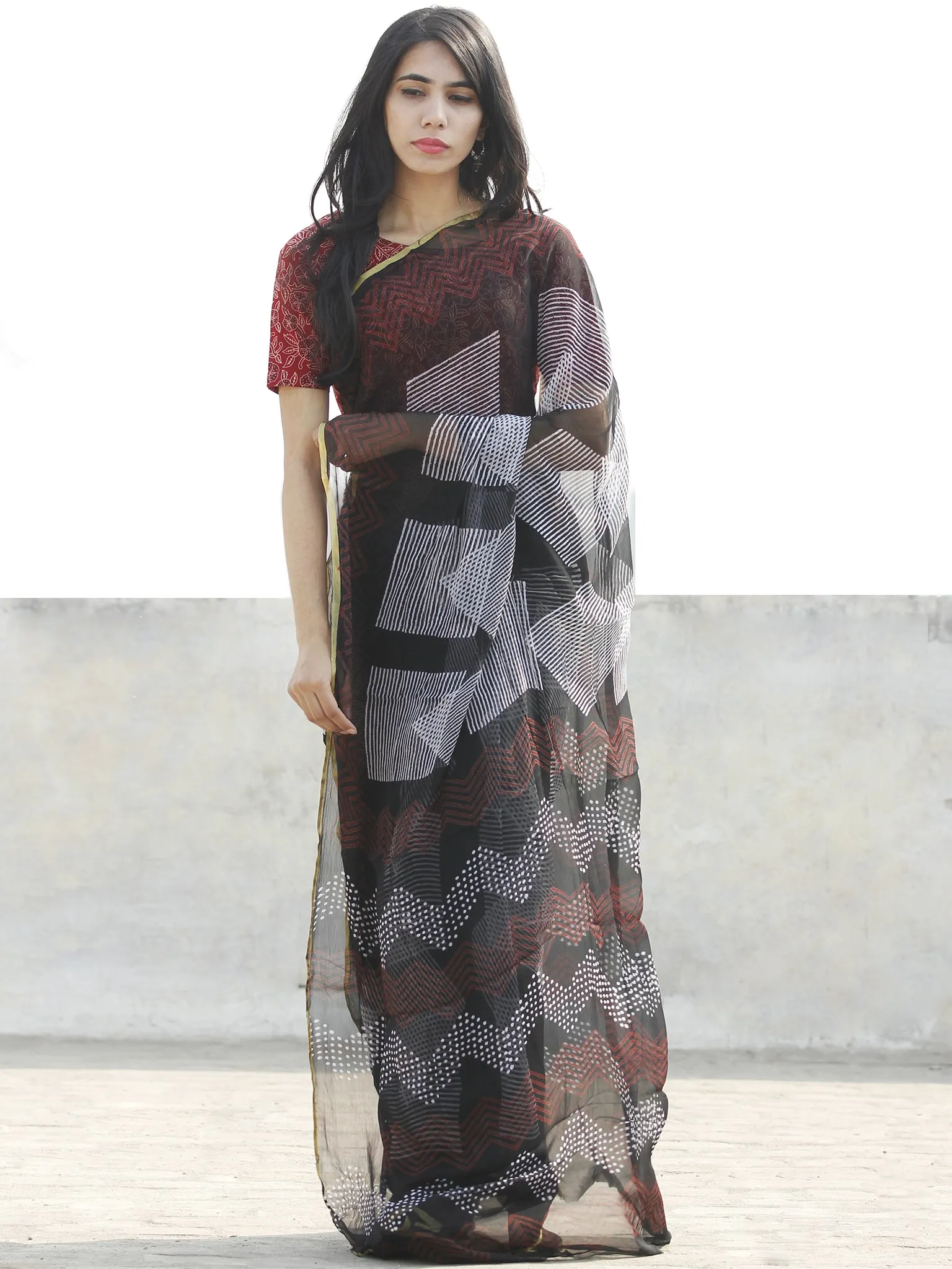 Black Red & White Hand Block Printed Chiffon Saree with zari border- S031702671