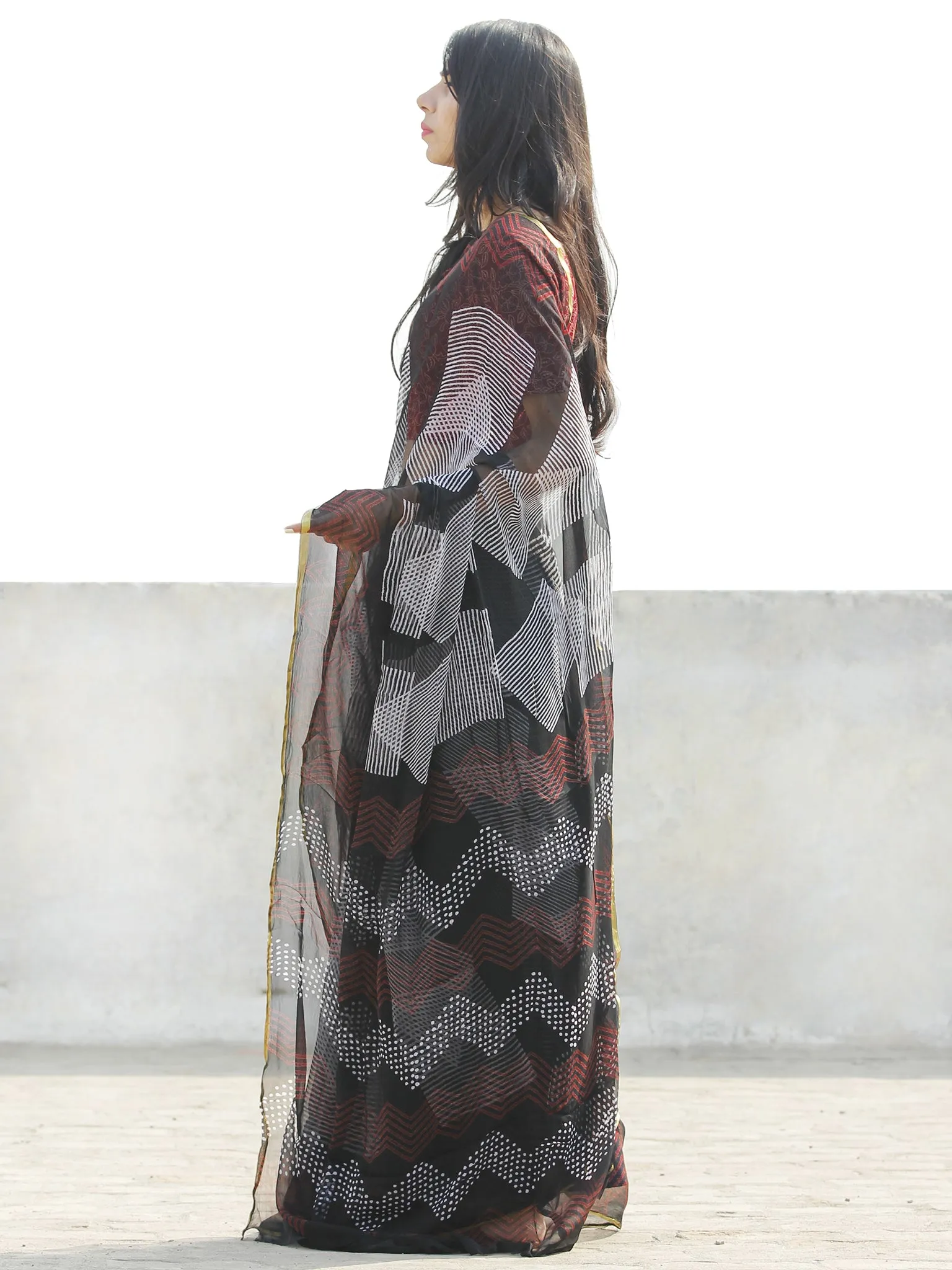Black Red & White Hand Block Printed Chiffon Saree with zari border- S031702671