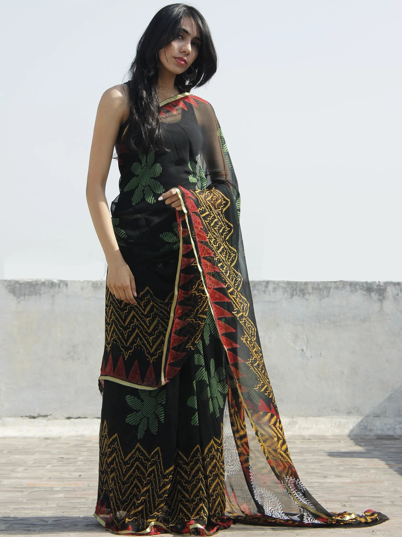 Black Red White Yellow Hand Block Printed Chiffon Saree - S031702314