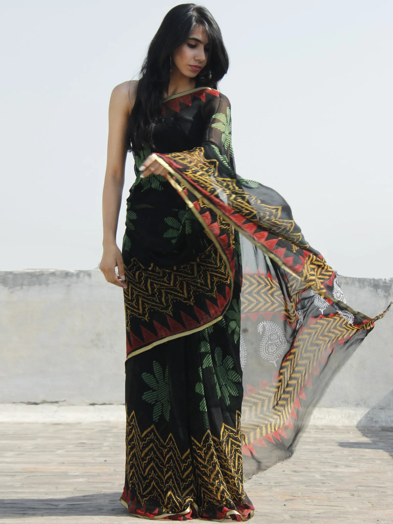 Black Red White Yellow Hand Block Printed Chiffon Saree - S031702314