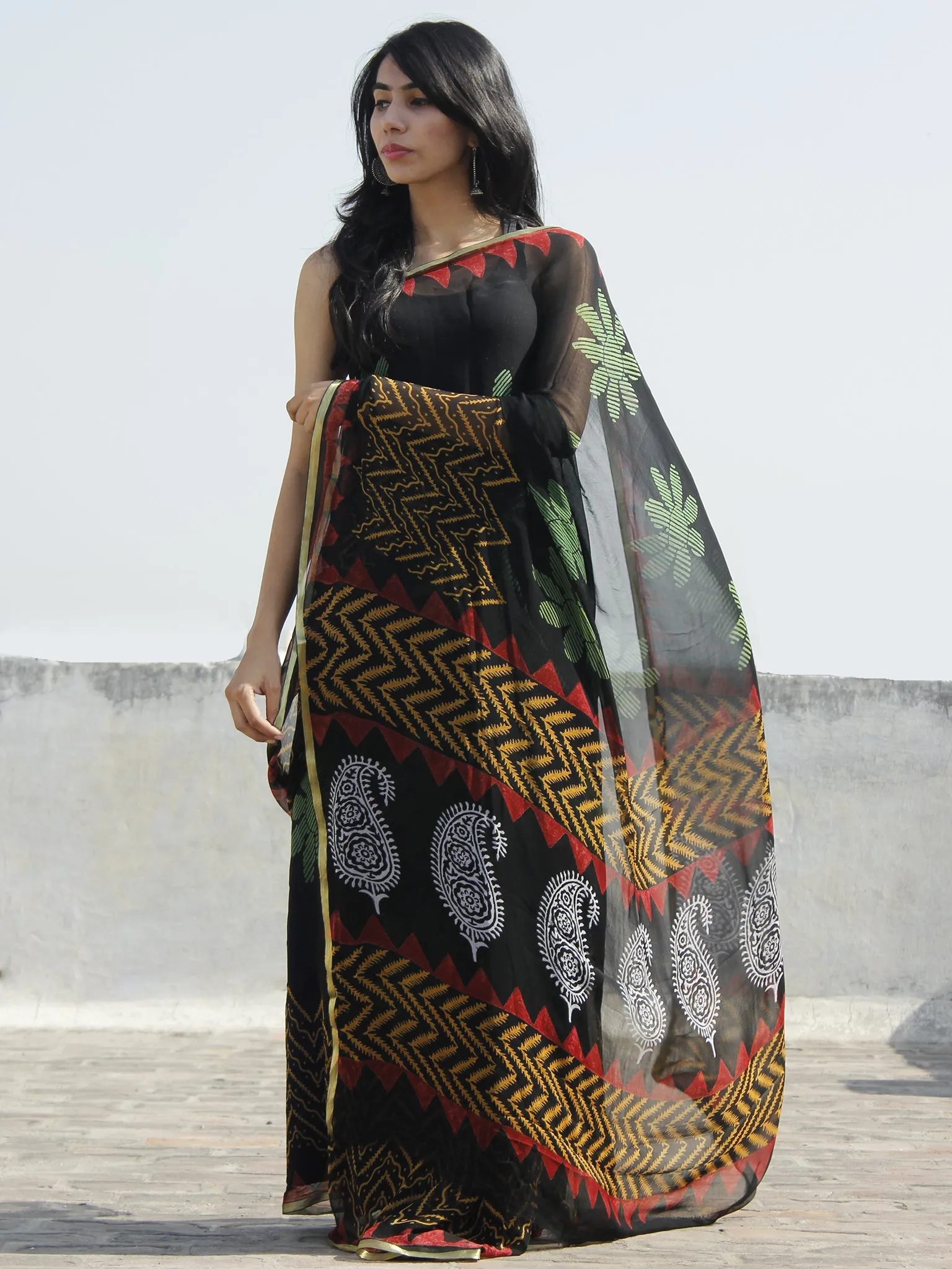 Black Red White Yellow Hand Block Printed Chiffon Saree - S031702314