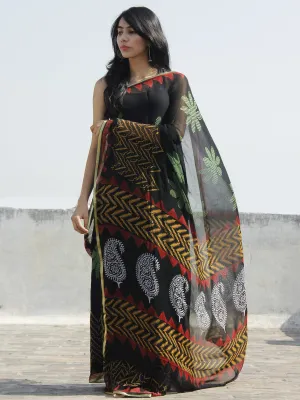 Black Red White Yellow Hand Block Printed Chiffon Saree - S031702314