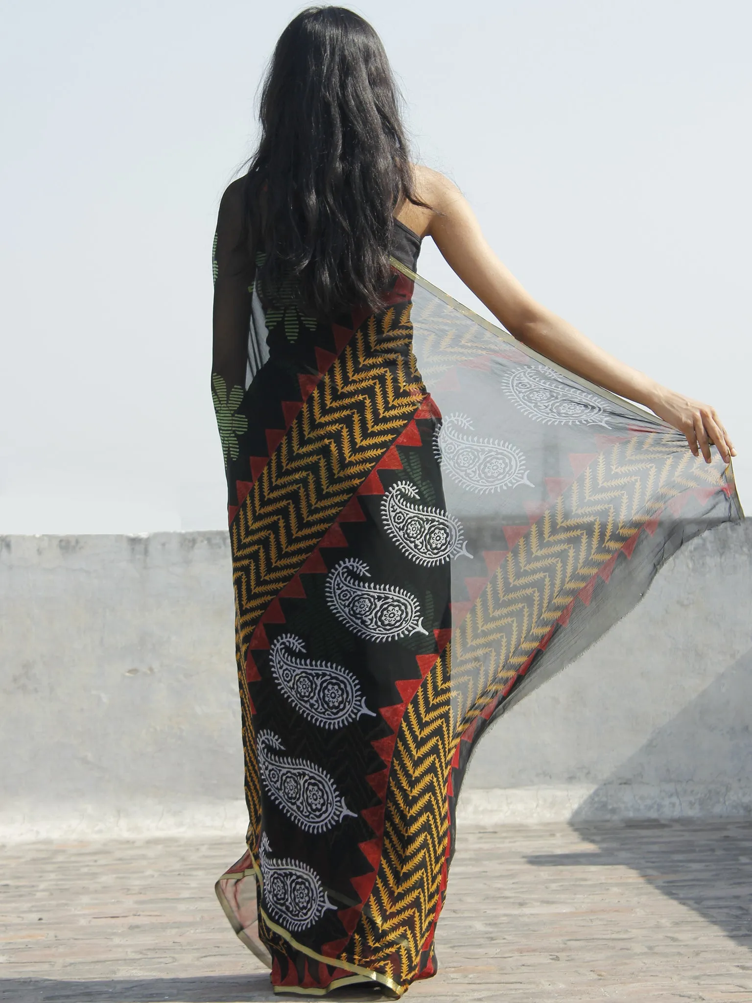Black Red White Yellow Hand Block Printed Chiffon Saree - S031702314