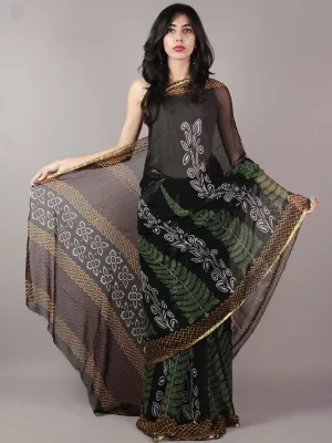 Black White Green Orange Maroon Hand Block Printed Chiffon Saree - S031701828