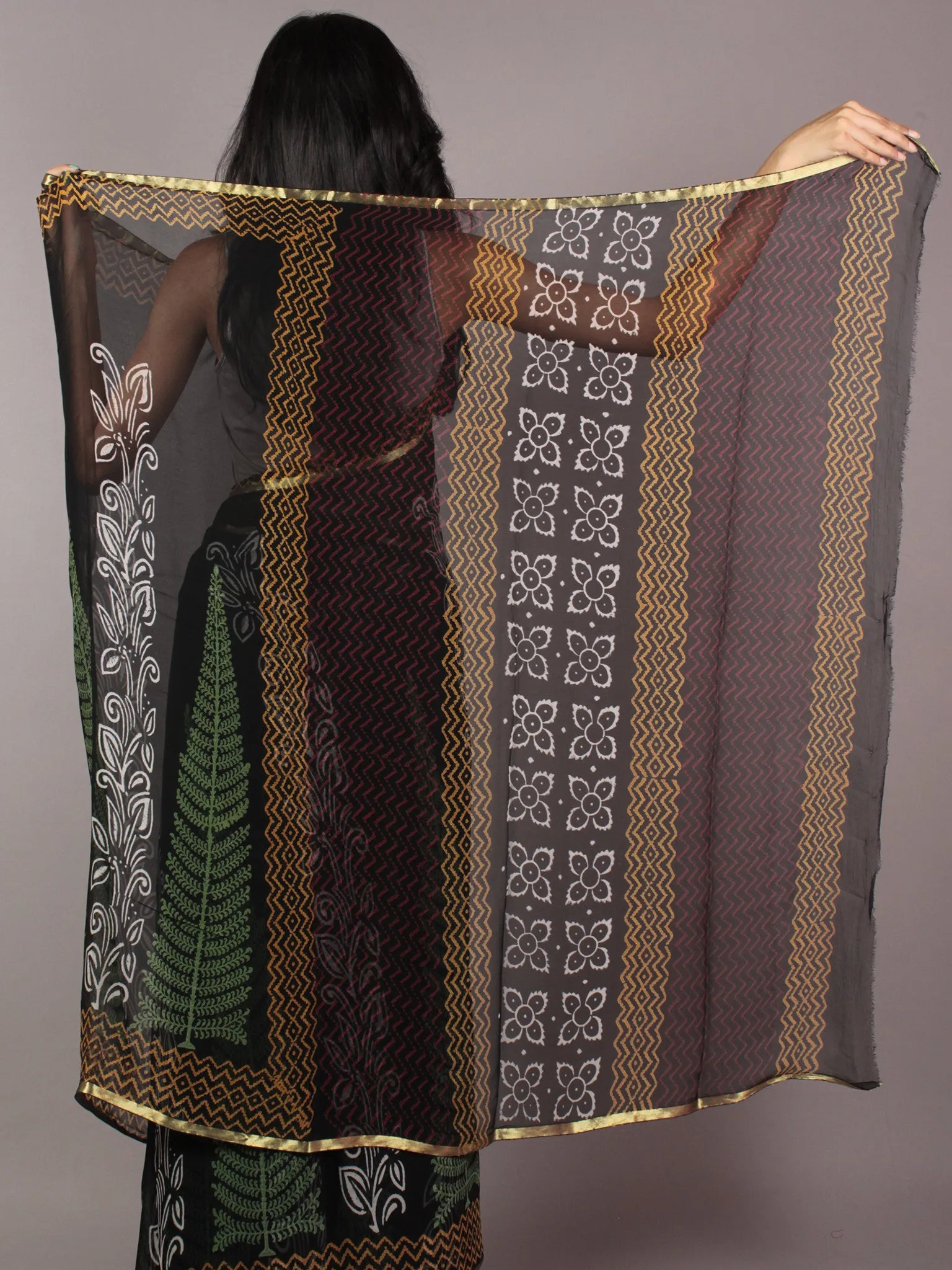 Black White Green Orange Maroon Hand Block Printed Chiffon Saree - S031701828