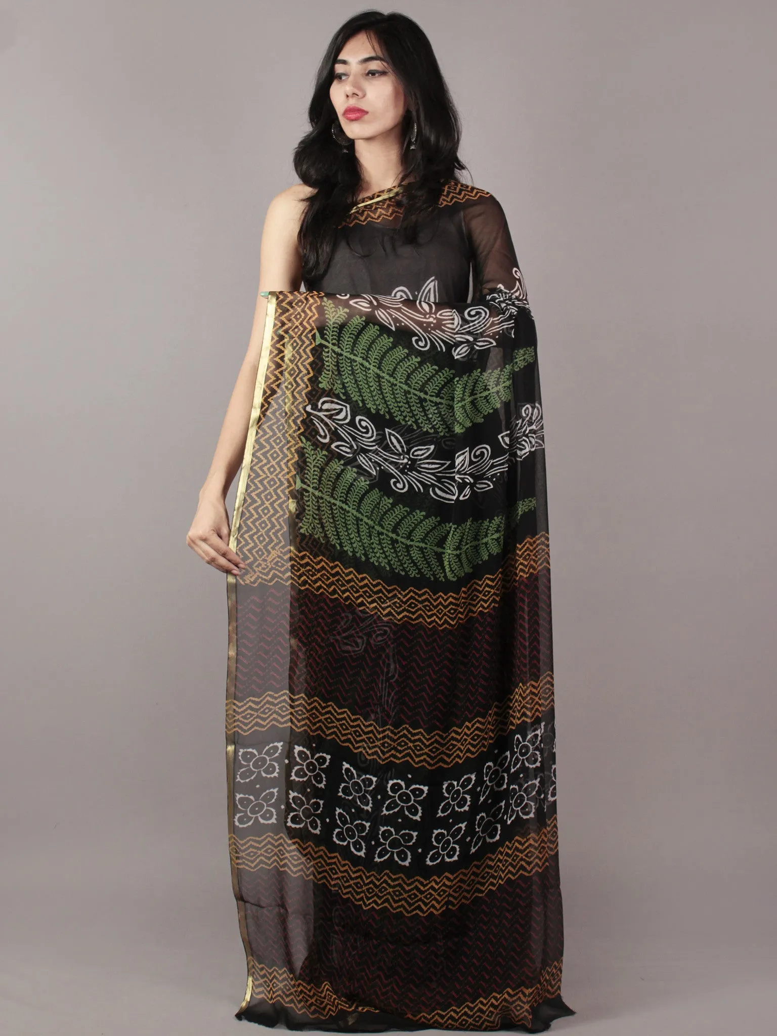 Black White Green Orange Maroon Hand Block Printed Chiffon Saree - S031701828