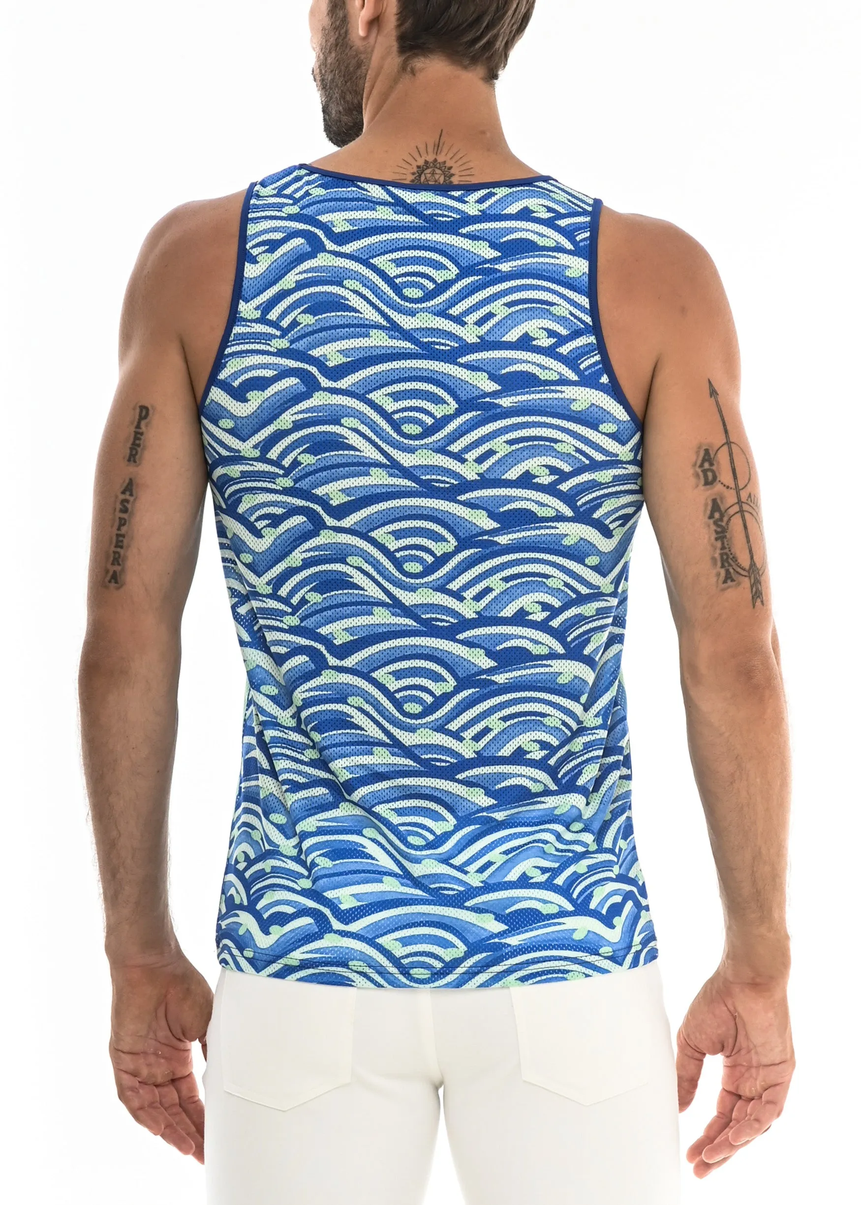 BLUE/OCEAN WAVES TANK TOP W/SIDE STRIPES ST-11056 Final Sale