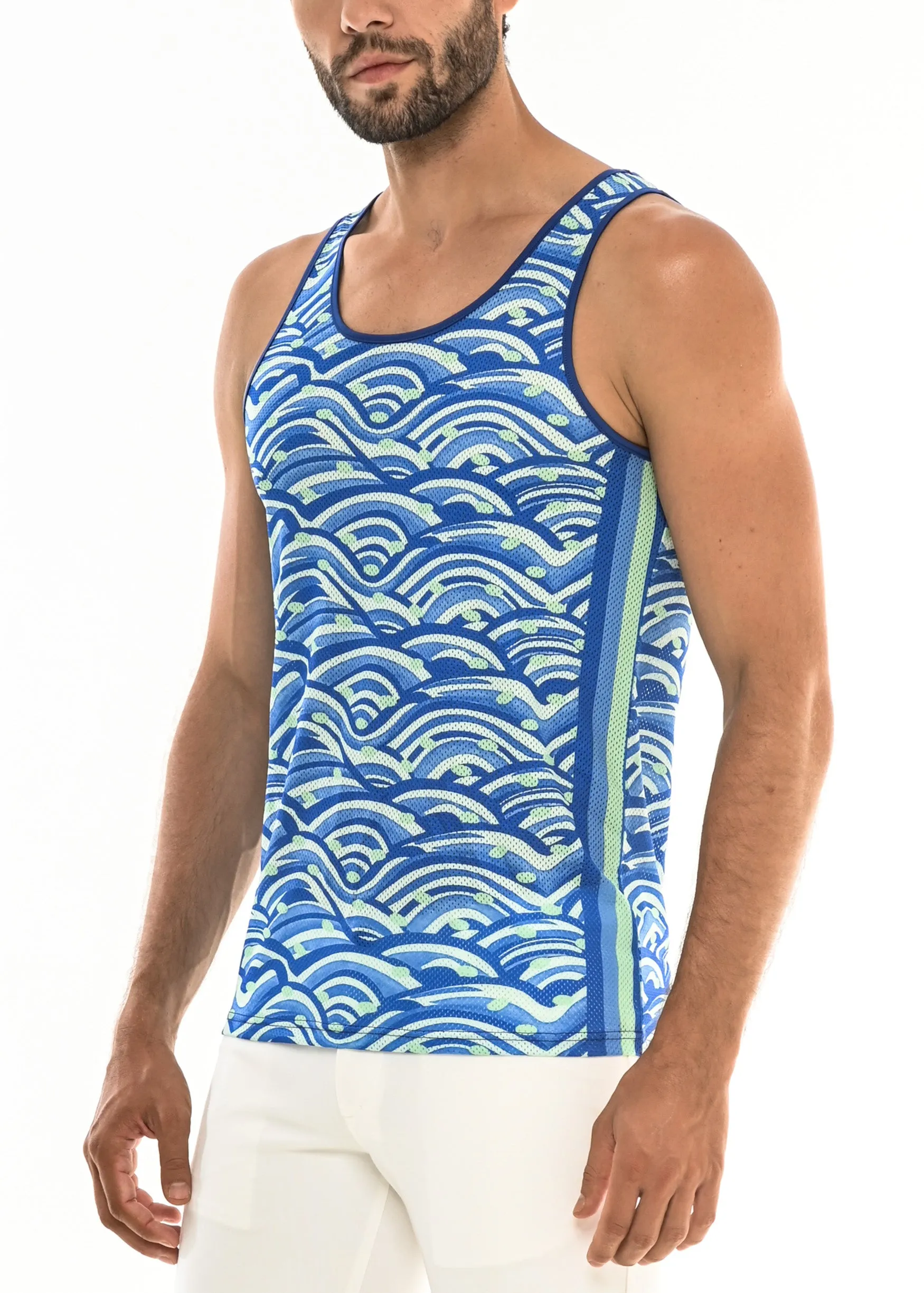 BLUE/OCEAN WAVES TANK TOP W/SIDE STRIPES ST-11056 Final Sale