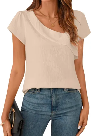 BMJL Womens Dressy Casual Blouses Asymmetrical V Neck Business Work Tops Ruffle Sleeve Summer Shirts