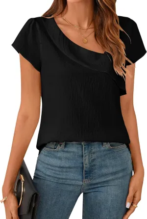 BMJL Womens Dressy Casual Blouses Asymmetrical V Neck Business Work Tops Ruffle Sleeve Summer Shirts