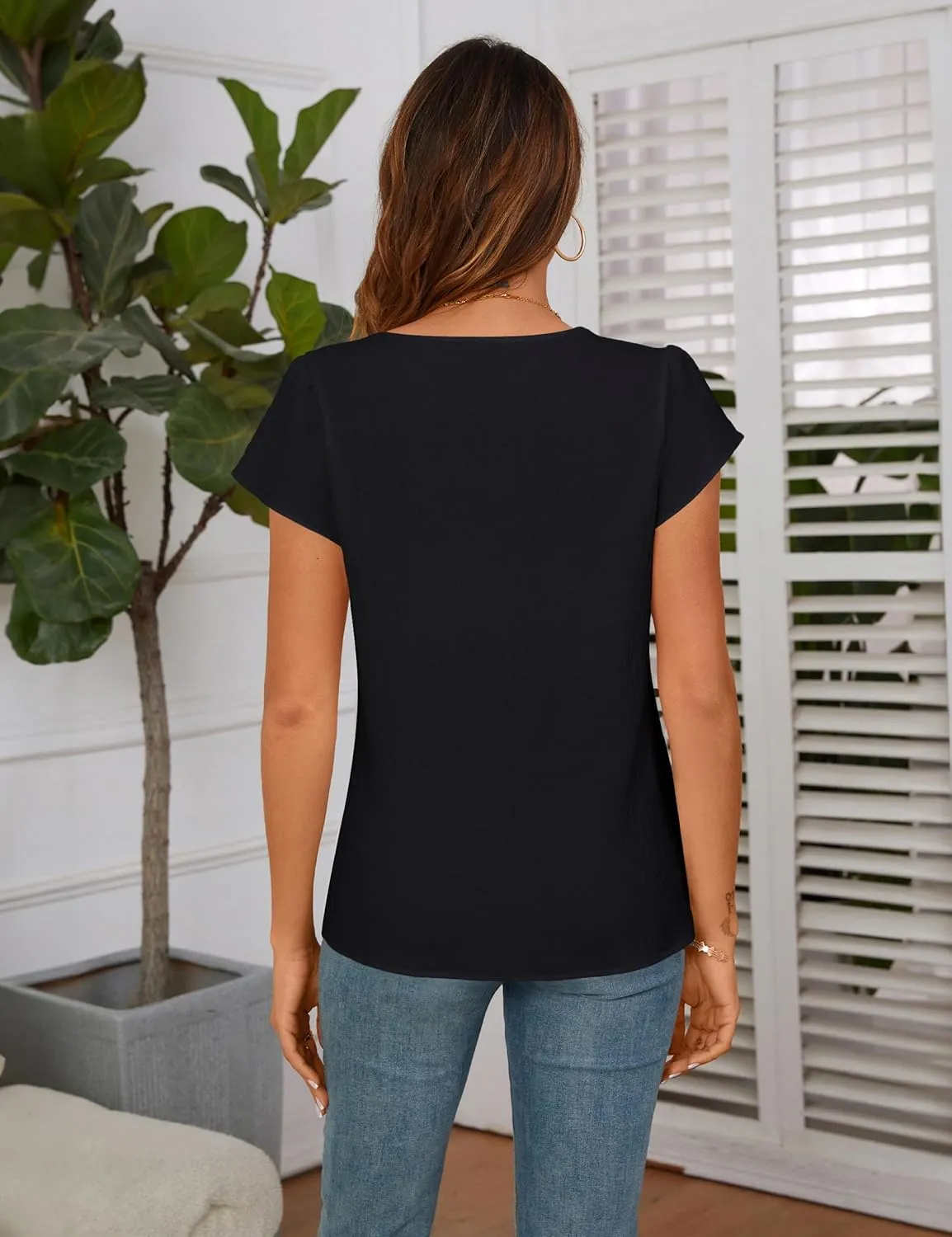 BMJL Womens Dressy Casual Blouses Asymmetrical V Neck Business Work Tops Ruffle Sleeve Summer Shirts