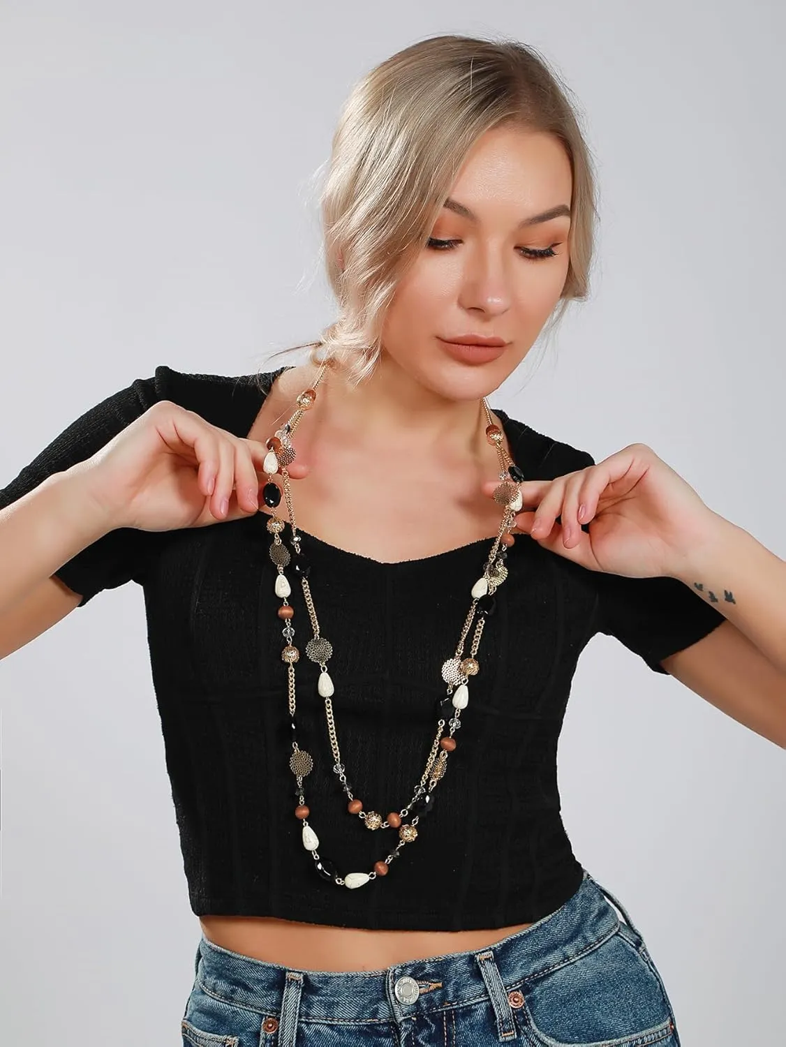 Bocar Long Necklaces for Women Trendy, Boho Layered Crystal Beaded Collar Necklaces for Women, Fashion Statement Necklaces Jewelry