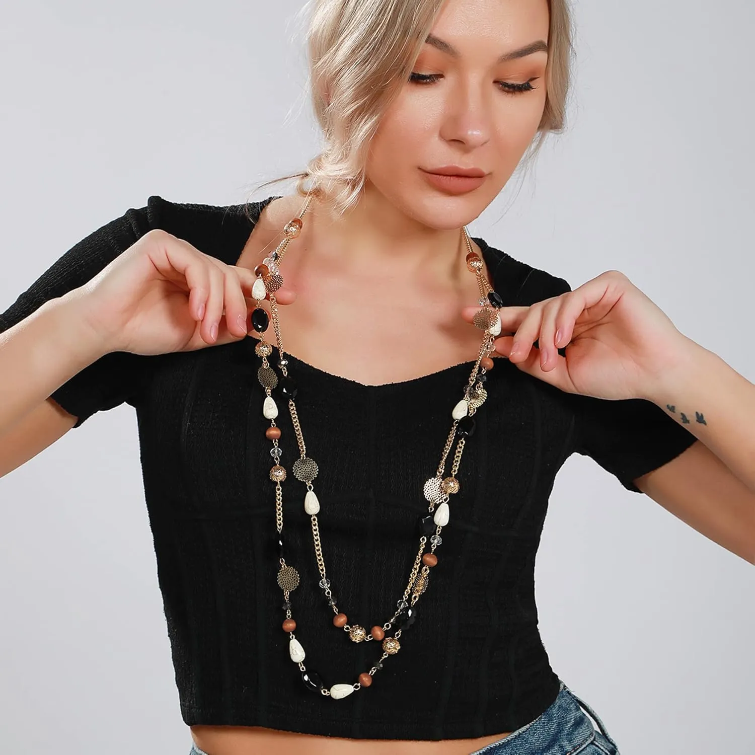 Bocar Long Necklaces for Women Trendy, Boho Layered Crystal Beaded Collar Necklaces for Women, Fashion Statement Necklaces Jewelry