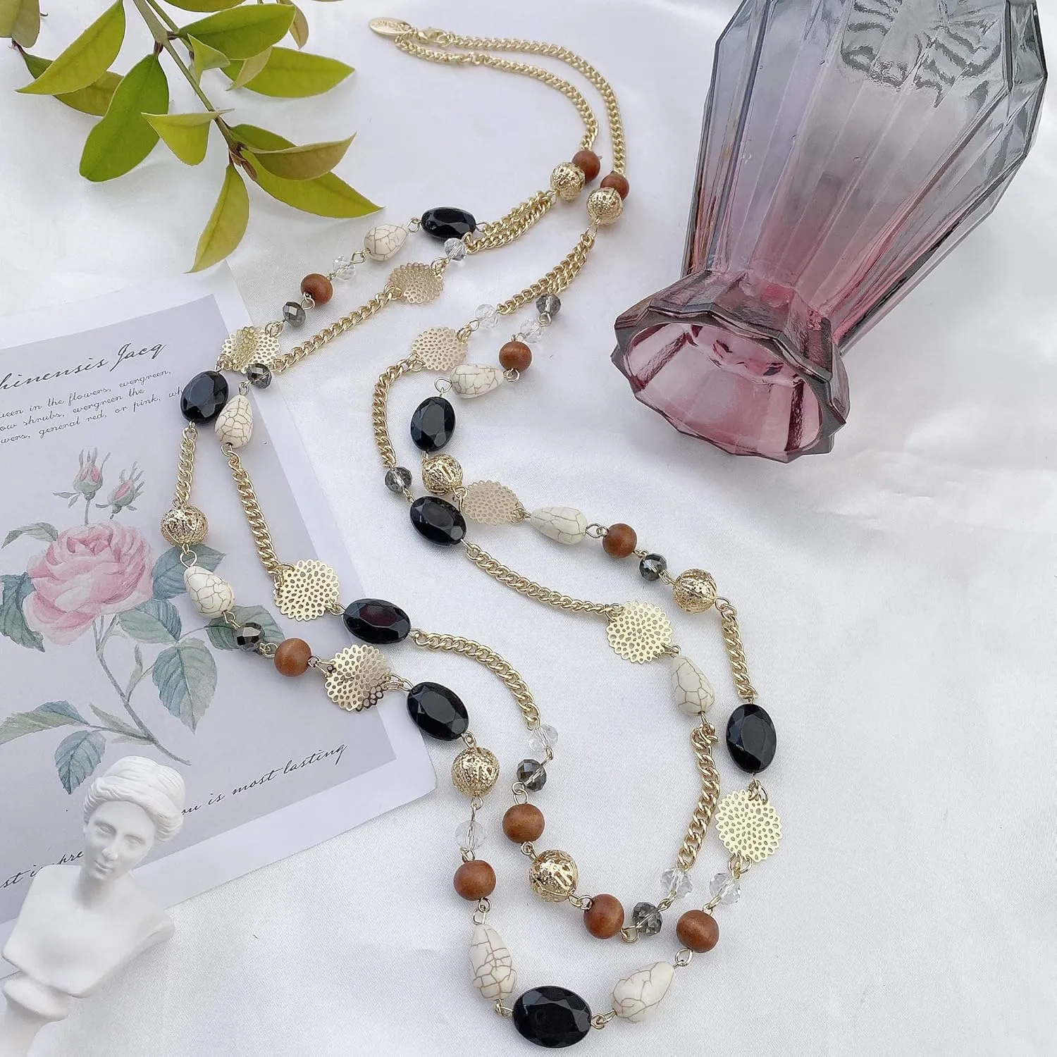 Bocar Long Necklaces for Women Trendy, Boho Layered Crystal Beaded Collar Necklaces for Women, Fashion Statement Necklaces Jewelry