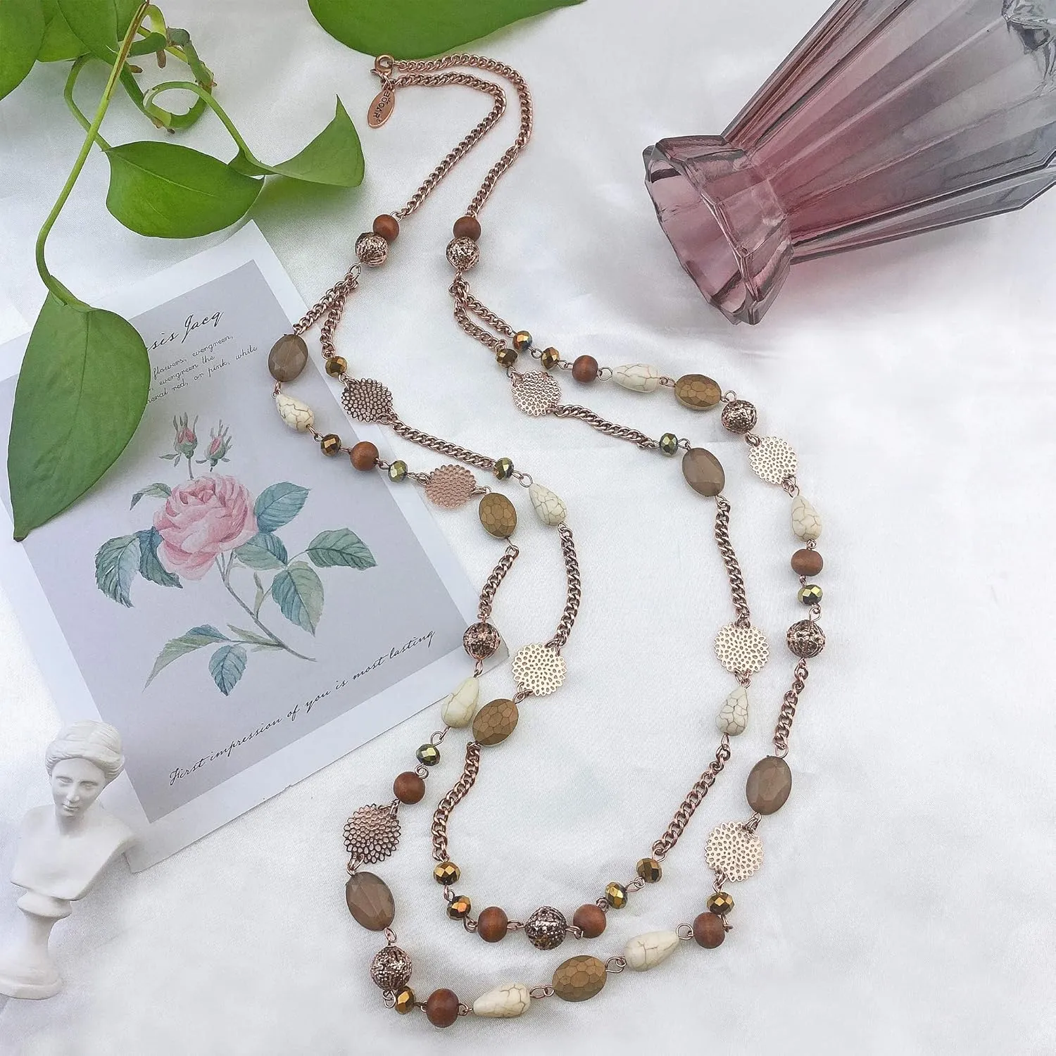 Bocar Long Necklaces for Women Trendy, Boho Layered Crystal Beaded Collar Necklaces for Women, Fashion Statement Necklaces Jewelry