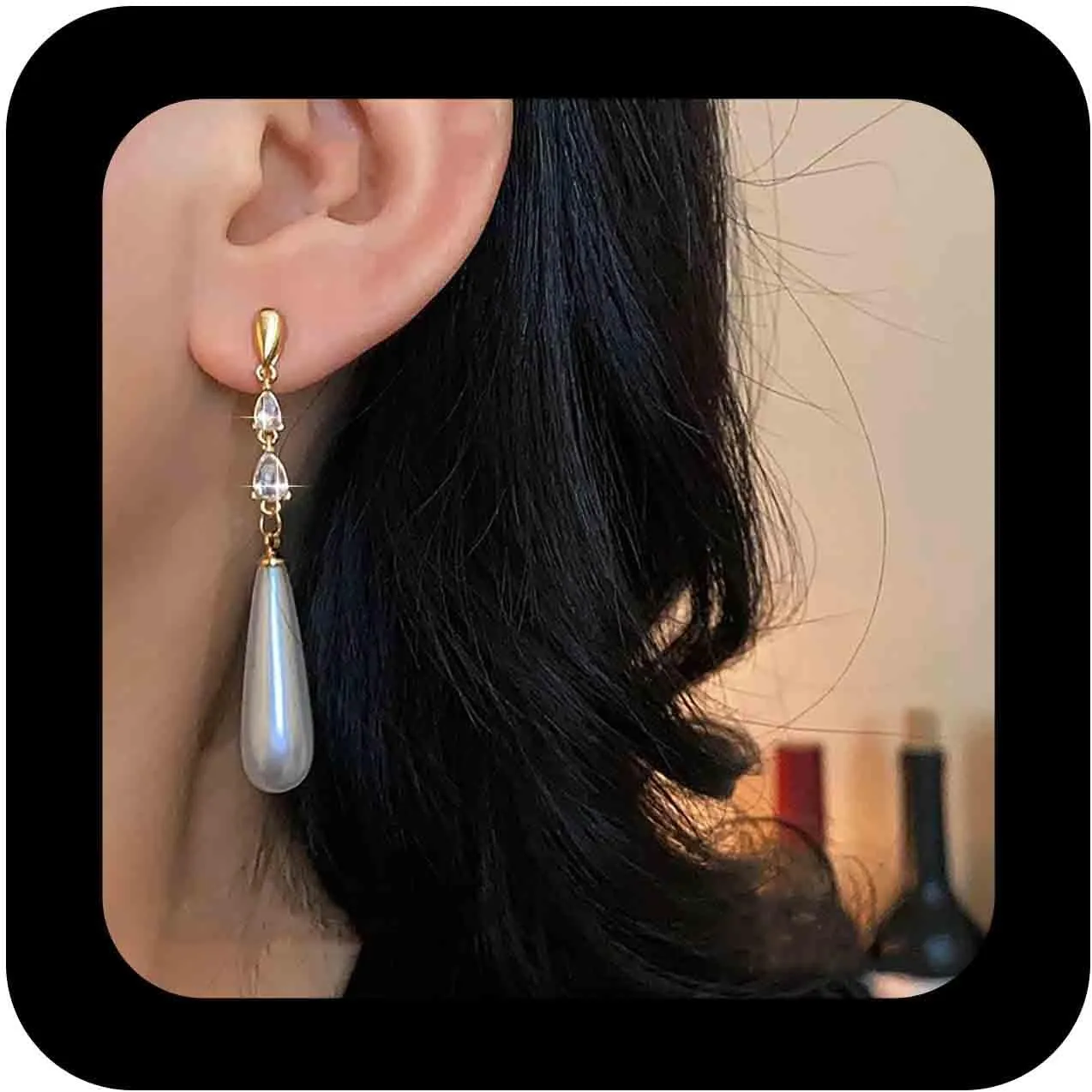 Bohemian Crystal Pearl Dangle Earrings Gold Cz Pearl Drop Earrings Long Teardrop Rhinestone Chain Earrings Minimalist Pearl Earrings Jewelry for Women