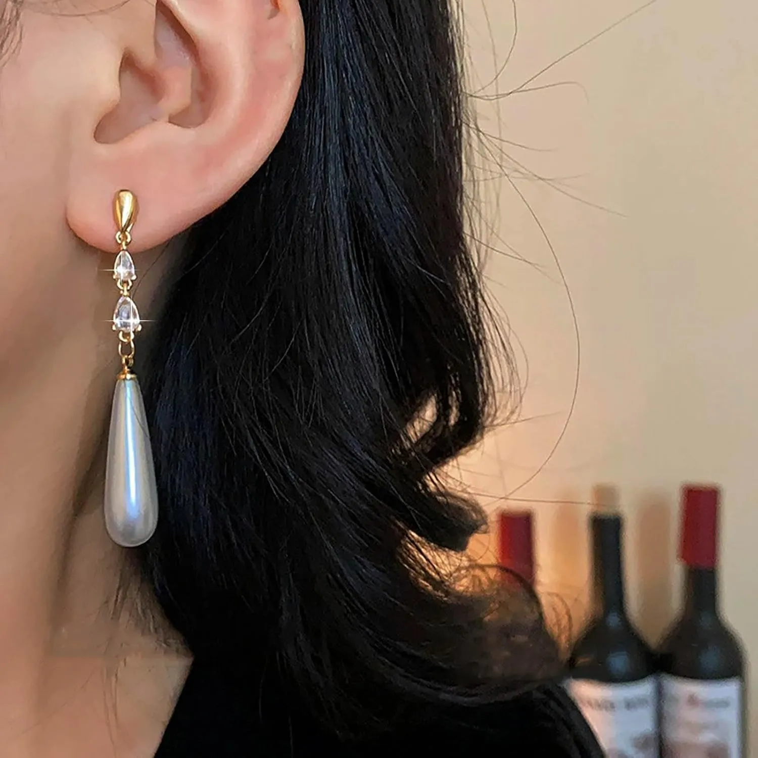 Bohemian Crystal Pearl Dangle Earrings Gold Cz Pearl Drop Earrings Long Teardrop Rhinestone Chain Earrings Minimalist Pearl Earrings Jewelry for Women