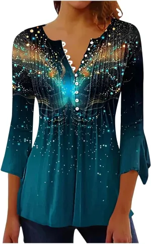 Bohemian Tops for Women Trendy Sexy Elegant T-Shirts Boho Floral Print 3/4 Bell Sleeve v Neck Shirts Blouses