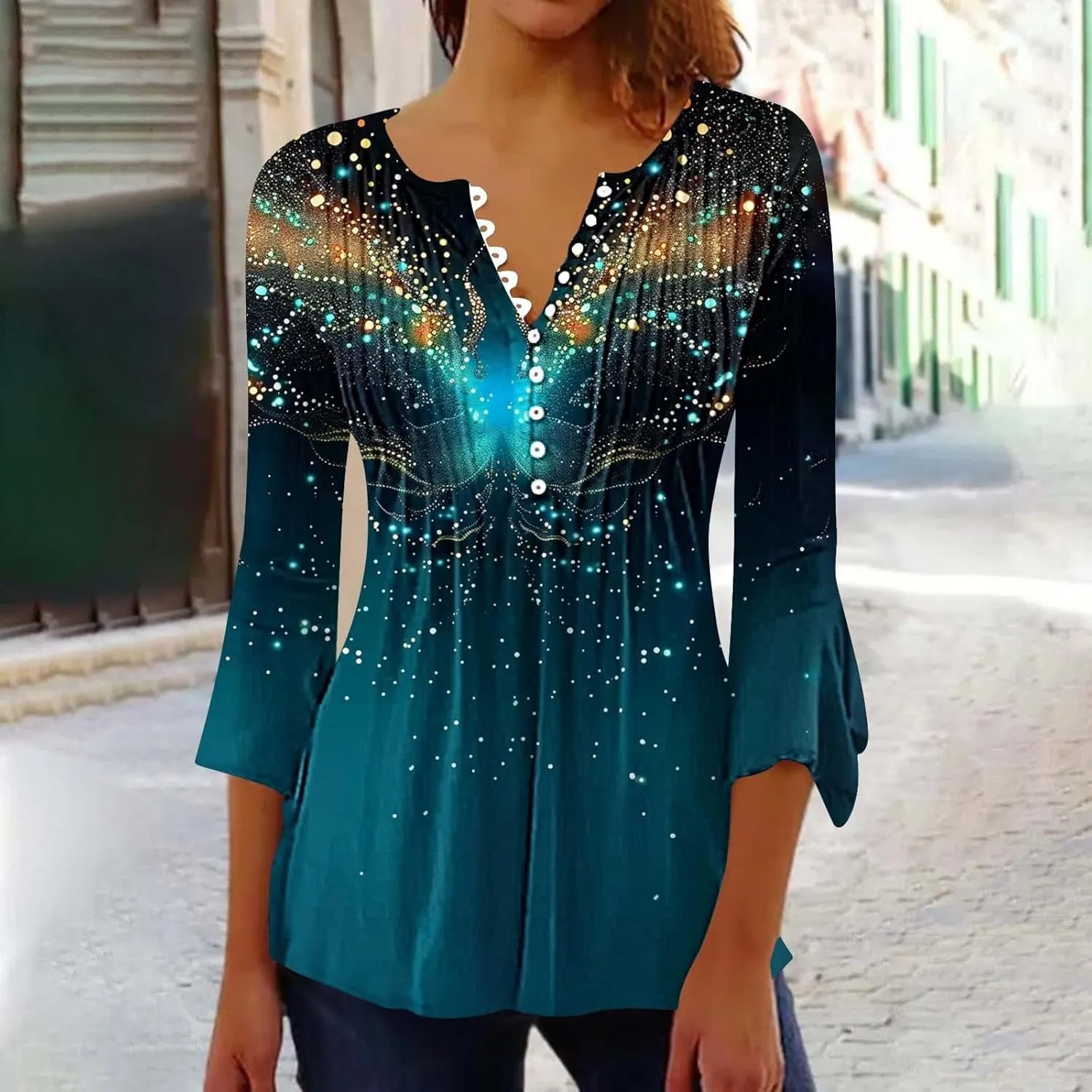 Bohemian Tops for Women Trendy Sexy Elegant T-Shirts Boho Floral Print 3/4 Bell Sleeve v Neck Shirts Blouses