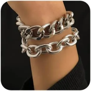 Boho Fashion Dainty Simple Gold Silver Chain Beads Bracelets Set for Women Adjustable Beaded Chunky Flat Cable Chain Punk Bracelets Jewelry for Women Gift Set of 2 (Silver)