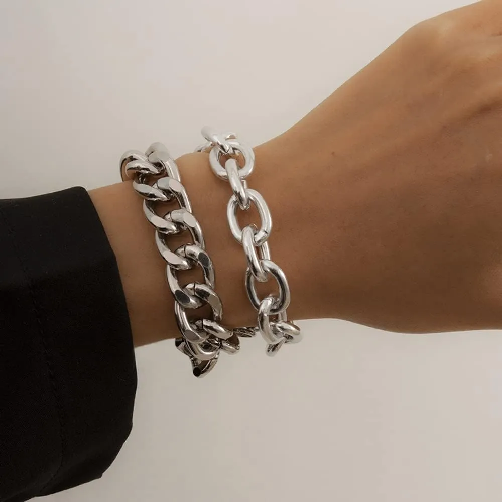 Boho Fashion Dainty Simple Gold Silver Chain Beads Bracelets Set for Women Adjustable Beaded Chunky Flat Cable Chain Punk Bracelets Jewelry for Women Gift Set of 2 (Silver)