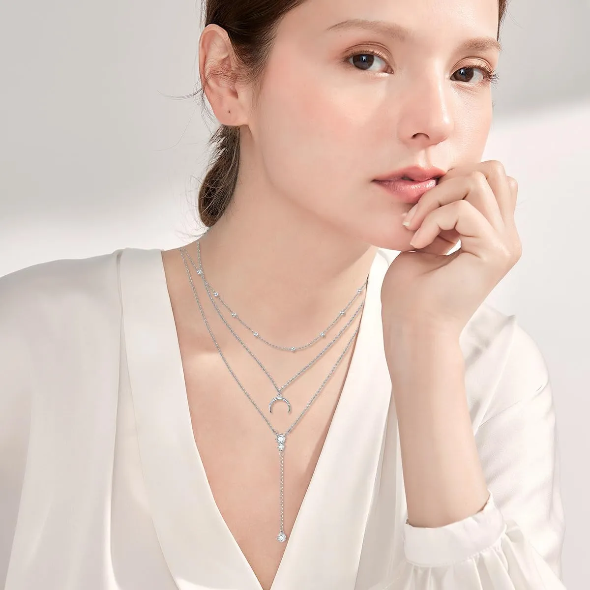 Boho Layered Necklace Sterling Silver Triple 3 Stacked Vertical Bar Triangle Long Layering Necklaces Christmas Jewelry Gifts for Women