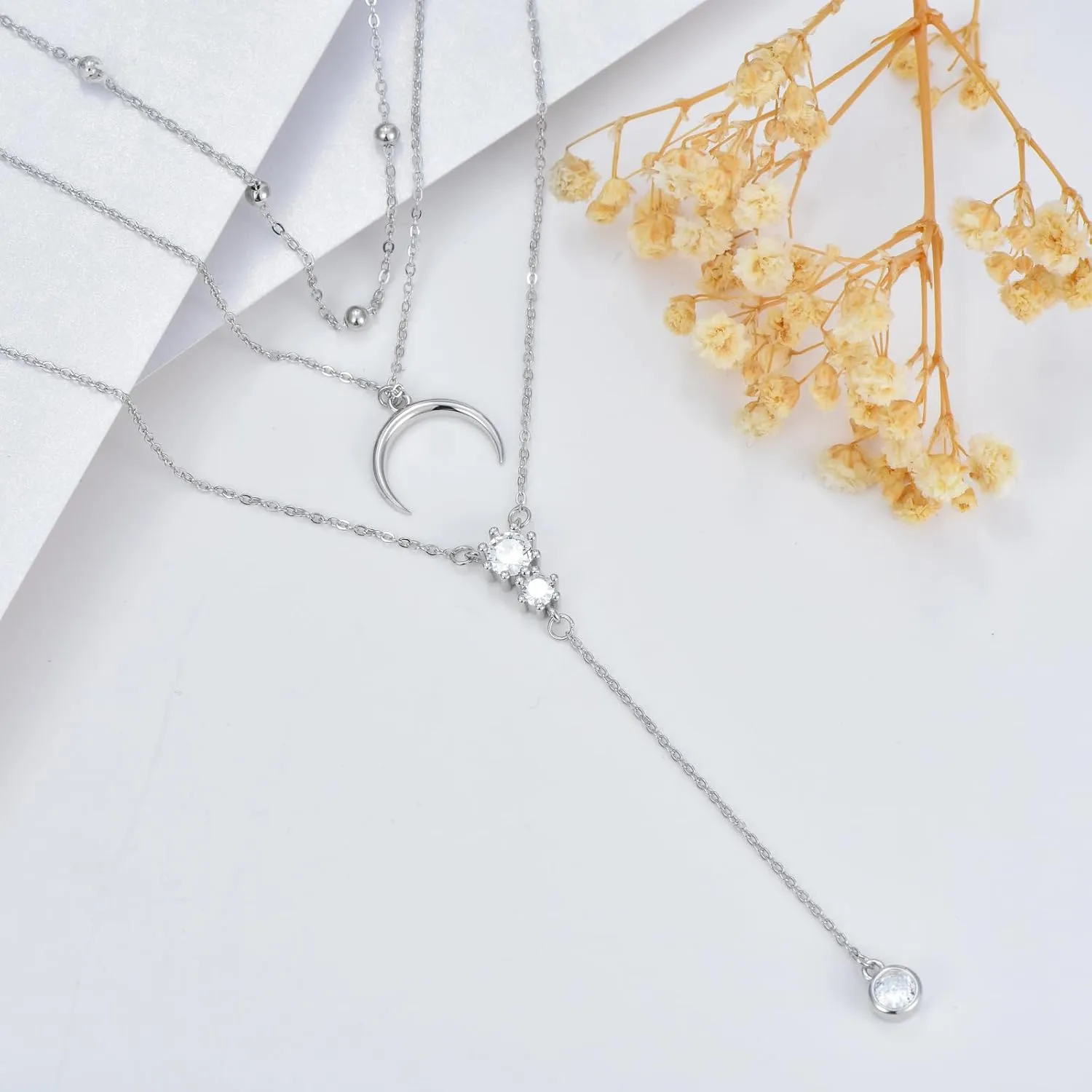 Boho Layered Necklace Sterling Silver Triple 3 Stacked Vertical Bar Triangle Long Layering Necklaces Christmas Jewelry Gifts for Women