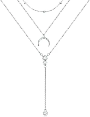 Boho Layered Necklace Sterling Silver Triple 3 Stacked Vertical Bar Triangle Long Layering Necklaces Christmas Jewelry Gifts for Women