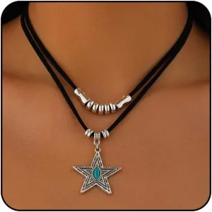 Boho Necklaces for Women Western Jewelry for Women Cowboy Cowgirl Accessories Vintage Leather Necklace with Star Cactus Beads Coin Hat Pendant Necklace Turquoise Jewelry